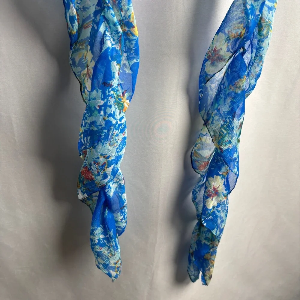 Bright Blue Floral Draped Scarf Chiffon Boho Y2K Frutiger Aero Indie Sleaze Fun